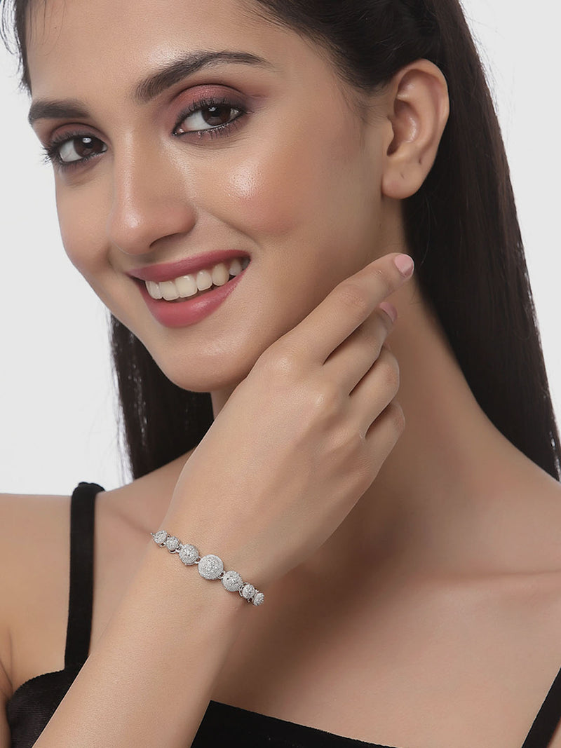 Rhodium Plated Silver Toned American Diamond Studded Square & Round Charm Adjustable Bracelet Combo Set of 2