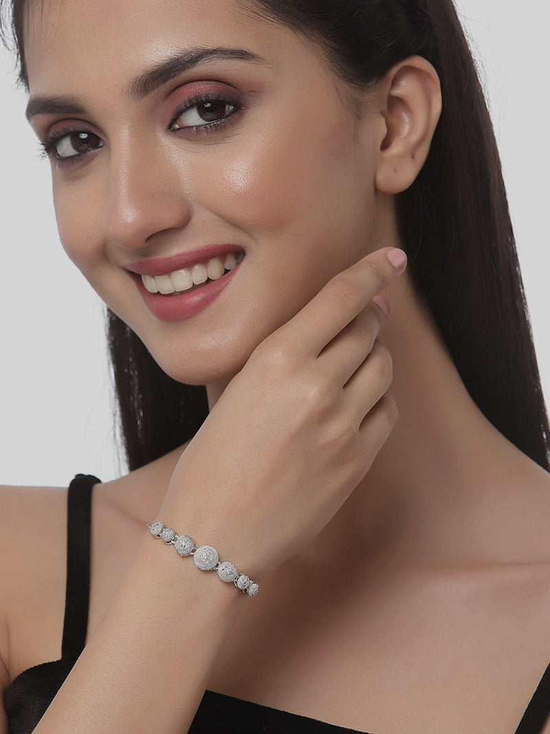 Rhodium Plated Silver Toned American Diamond Studded  Round Charm Adjustable Bracelet & Cuff Bracelet  Combo Set of 2
