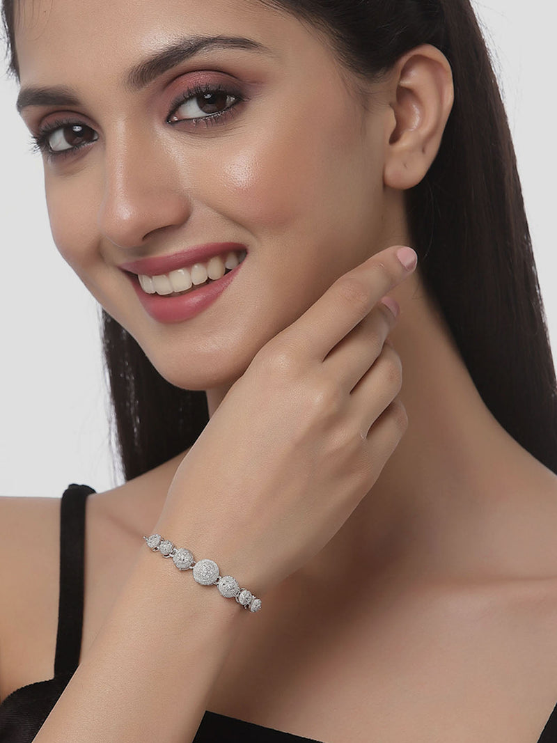 Rhodium Plated Silver Toned American Diamond Studded  Round Design Charm Adjustable Bracelet & Classic Cuff Bracelet Combo Set of 2