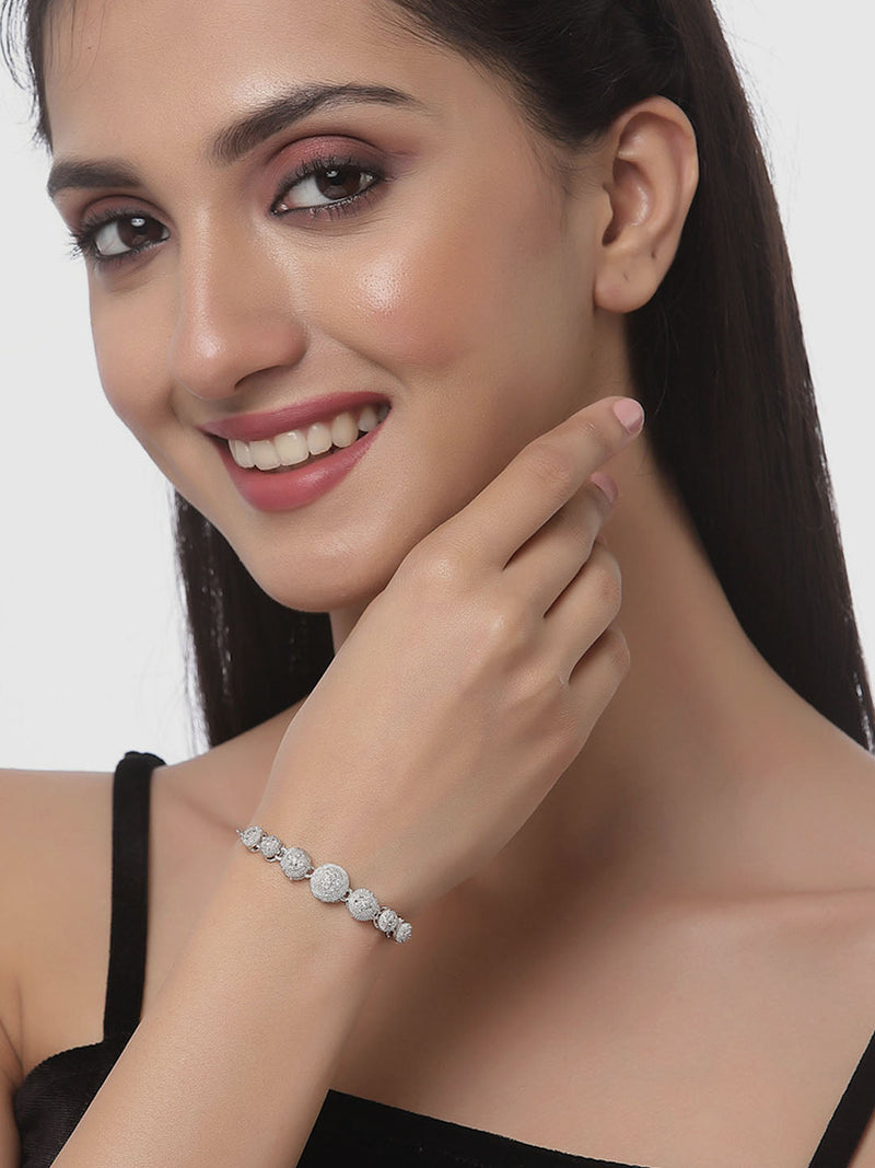 Rhodium Plated Silver Toned American Diamond Studded Round & Star Charm Adjustable Bracelet Combo Set of 2