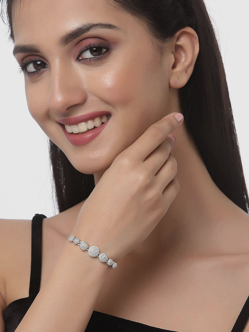 Rhodium Plated Silver Toned American Diamond Studded Halo Round & Round Charm Adjustable Bracelet Combo Set of 2