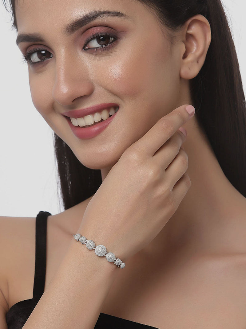 Rhodium Plated Silver Toned American Diamond Studded  Round Charm Bracelet Combo Set of 2 With Ring