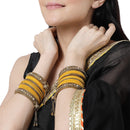 Gold-Plated Yellow Matte Finish Velvet AD Studded Gold Pearl Tasselled Bangles Set Of 56
