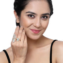 Gold-Plated  Flower & Leaf Shaped Sea Green Cubic Zirconia Studded  Ring