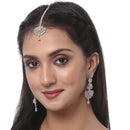 Rhodium Plated Silver Toned Pink American Diamond Studded Maang Tikka  With Earring