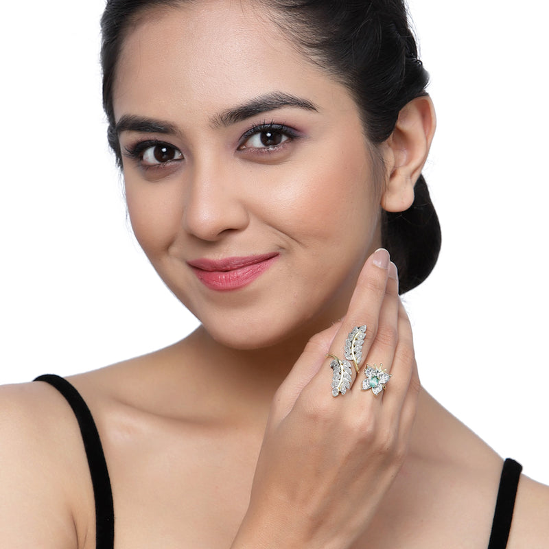 Gold-Plated  Flower & Leaf Shaped Sea Green Cubic Zirconia Studded  Ring