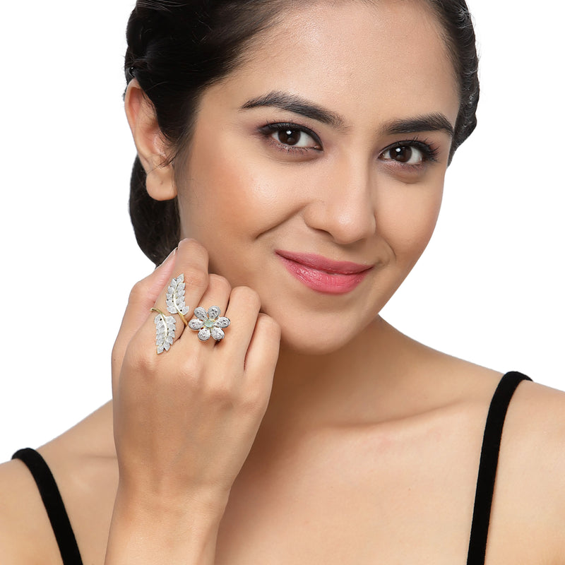 Gold-Plated Floral & Leaf Shaped Sea Green & White Cubic Zirconia Studded  Ring