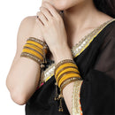 Gold-Plated Yellow Matte Finish Velvet AD Studded Gold Pearl Tasselled Bangles Set Of 56