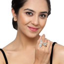 Gold-Plated Floral & Leaf Shaped Sea Green & White Cubic Zirconia Studded  Ring