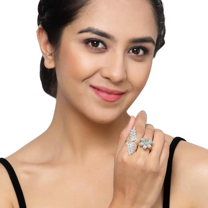 Gold-Plated Floral & Leaf Shaped Sea Green & White Cubic Zirconia Studded  Ring