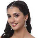Rhodium Plated Silver Toned Pink American Diamond Studded Maang Tikka  With Earring