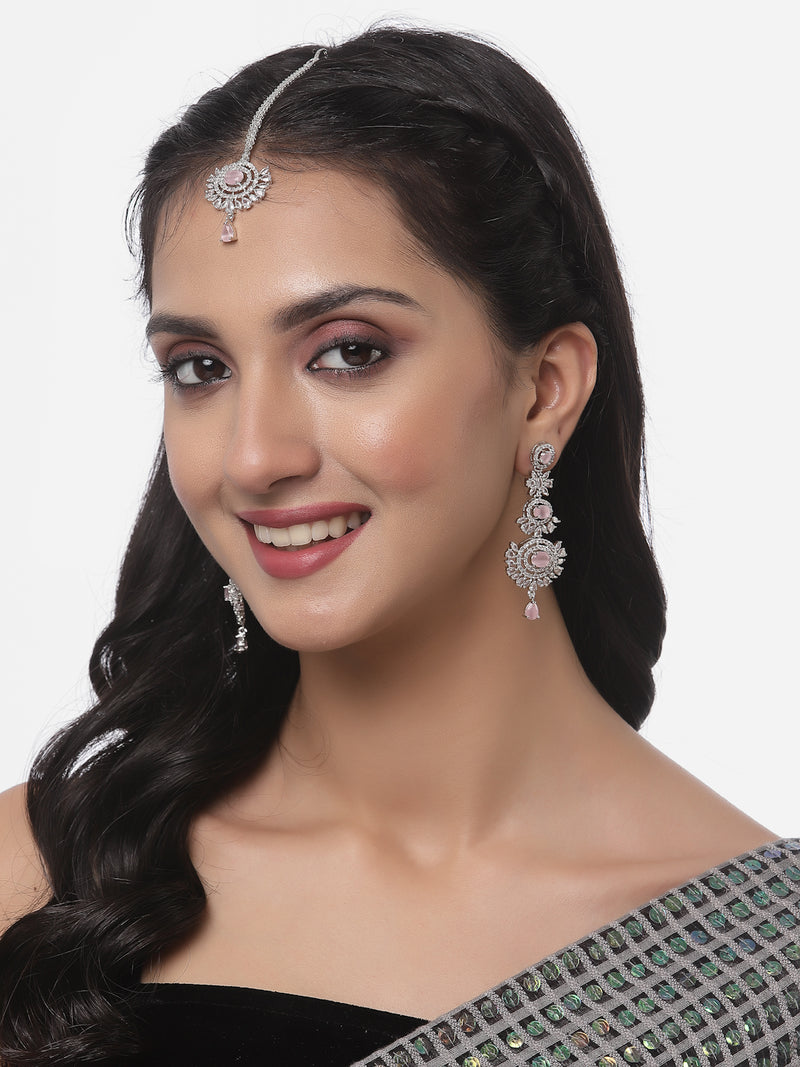 Rhodium-Plated Silver Toned Pink & White American Diamond studded Maang Tikka with Dangle Drop Earrings