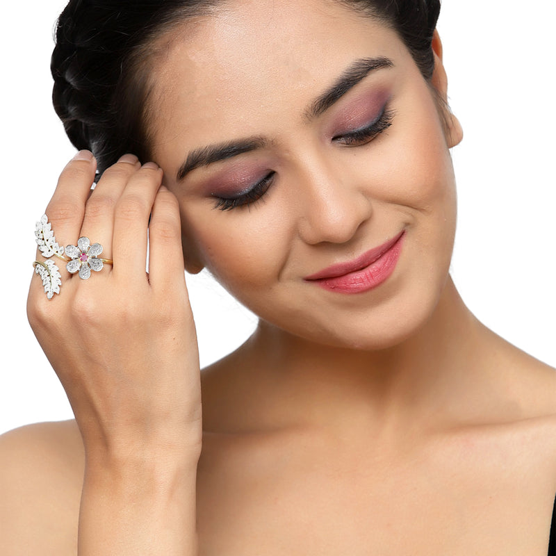 Gold-Plated Flower & Leaf Shaped Pink Cubic Zirconia Studded  Ring