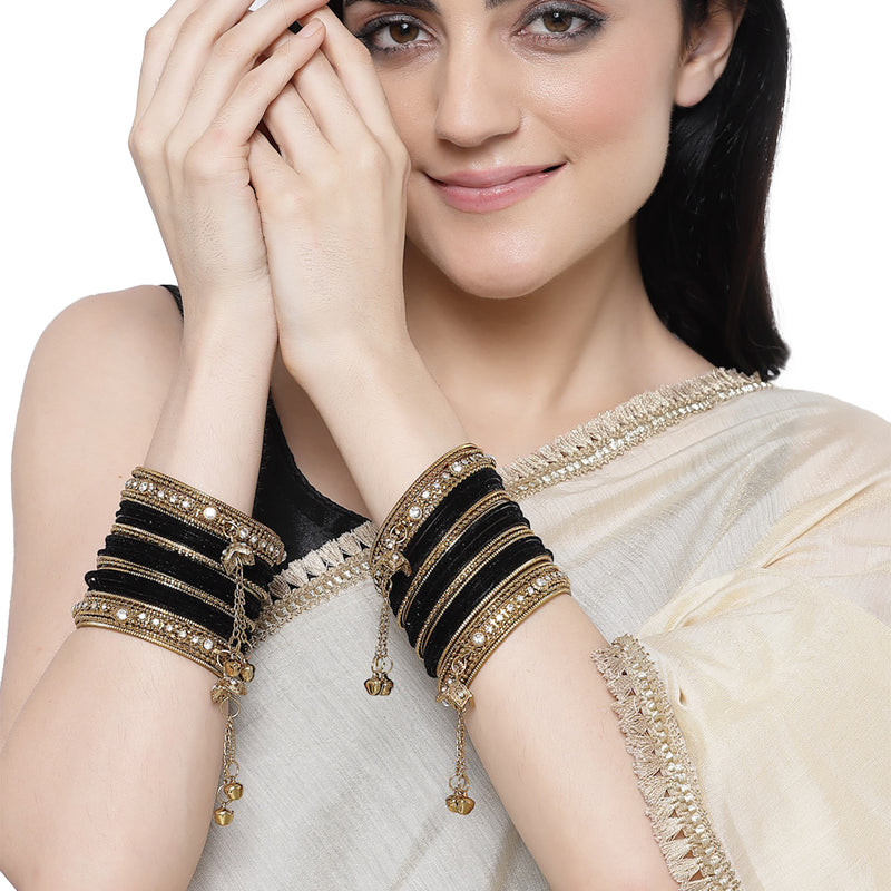 Gold-Plated Black Matte Finish Velvet AD Studded Gold Pearl Tasselled Bangles Set Of 56