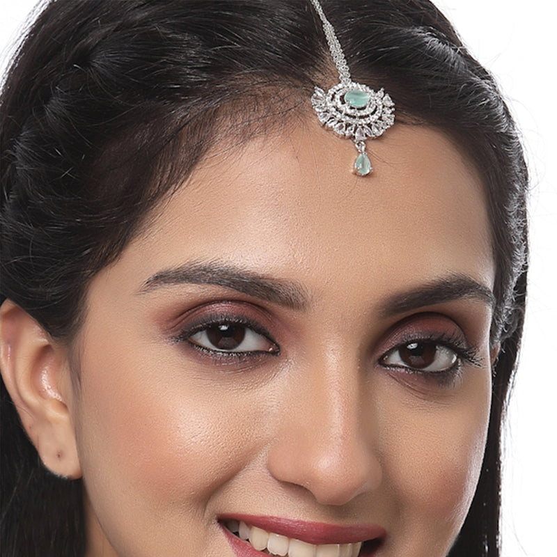 Rhodium Plated Silver Toned Mint Green Oval American Diamond Studded  Maang Tikka