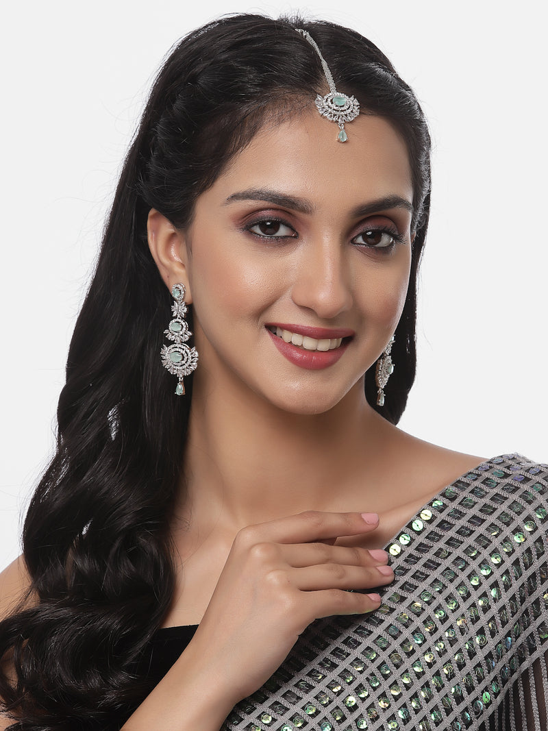 Rhodium-Plated Silver Toned Sea Green & White American Diamond studded Maang Tikka with Dangle Drop Earrings