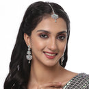 Rhodium Plated Silver Toned Sea Green American Diamond Studded Maang Tikka With Earring
