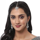 Rhodium Plated Silver Toned Sea Green American Diamond Studded Maang Tikka With Earring