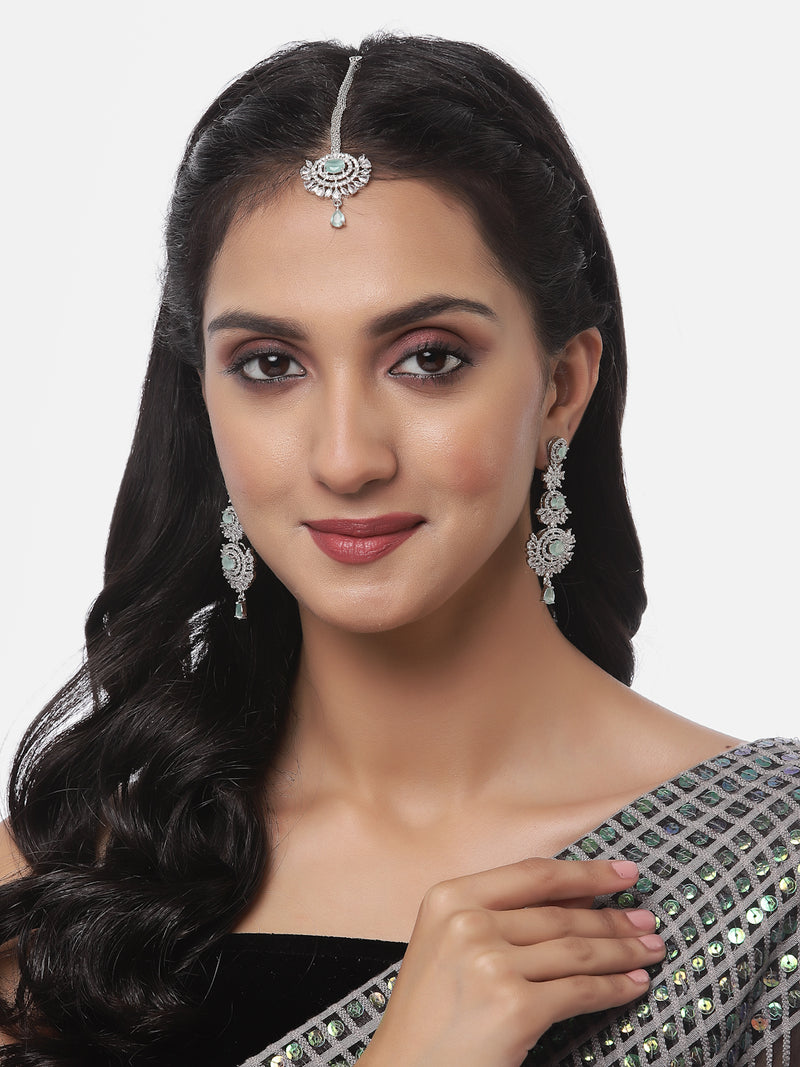 Rhodium-Plated Silver Toned Sea Green & White American Diamond studded Maang Tikka with Dangle Drop Earrings