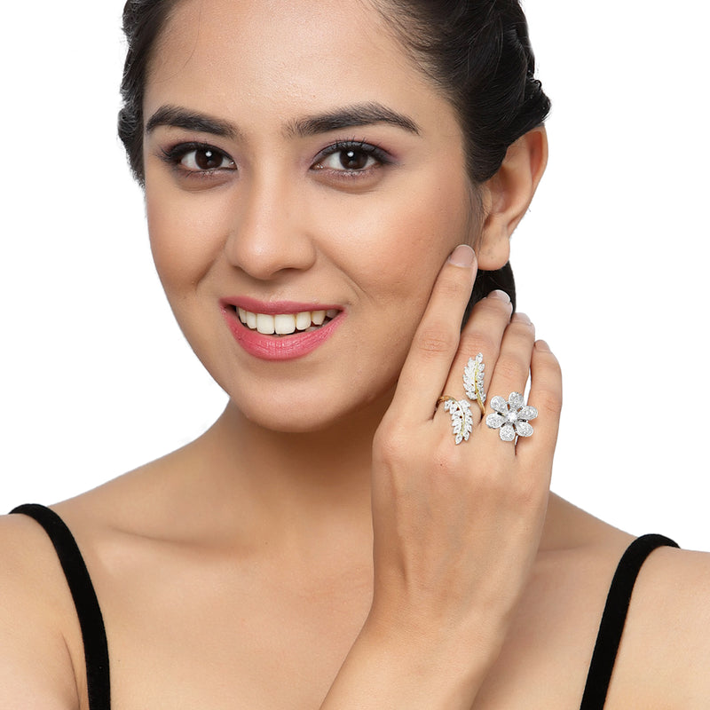 Gold-Plated Flower & Leaf Shaped White Cubic Zirconia Studded  Ring