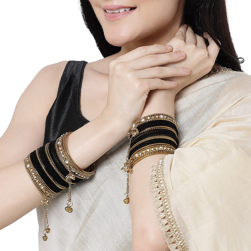 Gold-Plated Black Matte Finish Velvet AD Studded Gold Pearl Tasselled Bangles Set Of 56