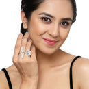 Gold-Plated Flower & Leaf Shaped White Cubic Zirconia Studded  Ring
