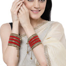 Gold-Plated Red Matte Finish Velvet American Diamond Studded Gold Pearl Tasselled Bangles Set Of 56