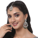 Rhodium-Plated Silver Toned Green American Diamond studded Chandbali  Maang Tikka with Earring Set