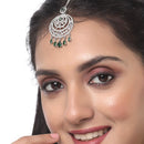 Traditional  Rhodium Plated Silver Toned Green American Diamond Studded Chandelier Maangtikka