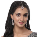 Rhodium Plated Silver Toned Red American Diamond Studded Maang Tikka  With Earring