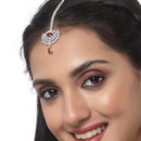 Rhodium Plated Silver Toned Red Oval American Diamond Studded Maang Tikka