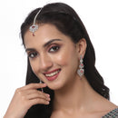 Rhodium Plated Silver Toned Red American Diamond Studded Maang Tikka  With Earring