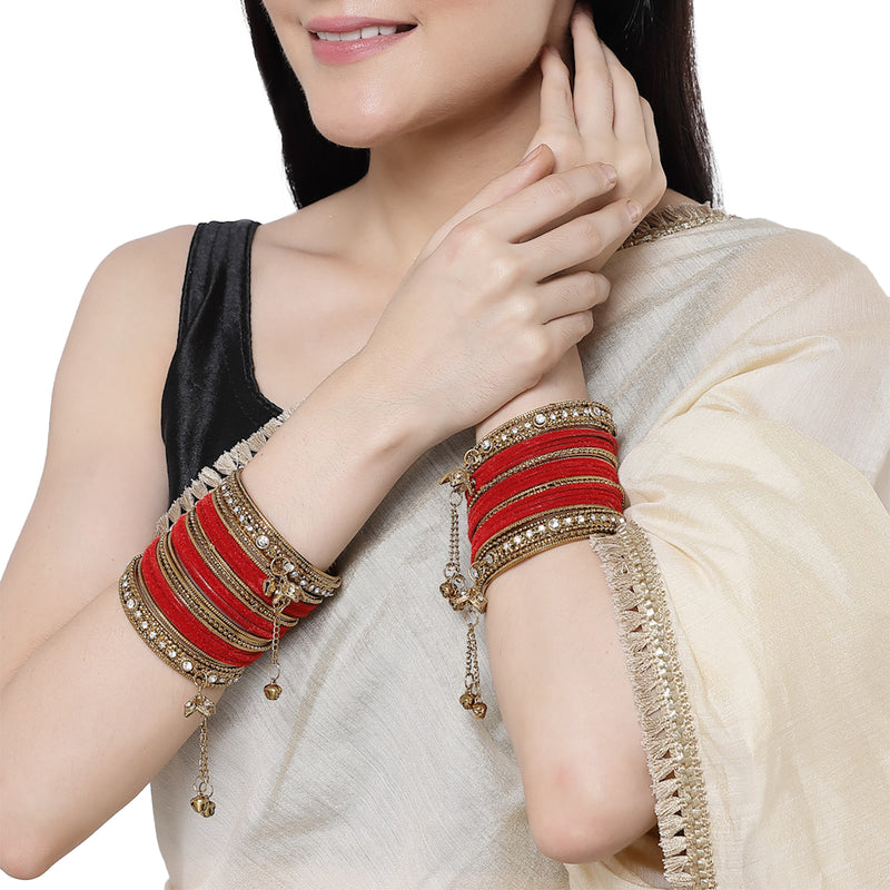 Gold-Plated Red Matte Finish Velvet American Diamond Studded Gold Pearl Tasselled Bangles Set Of 56