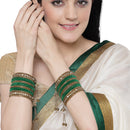 Gold-Plated Green Matte Finish Velvet AD Studded Gold Pearl Tasselled Bangles Set Of 56