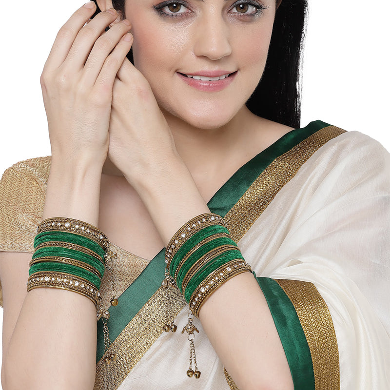 Gold-Plated Green Matte Finish Velvet AD Studded Gold Pearl Tasselled Bangles Set Of 56