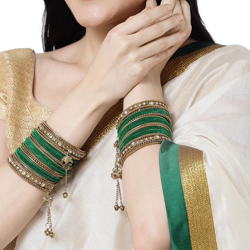 Gold-Plated Green Matte Finish Velvet AD Studded Gold Pearl Tasselled Bangles Set Of 56