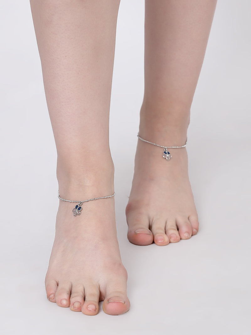 Set Of 2 Rhodium-Plated Silver Toned Pink & Navy Blue Artificial Stones studded Floral Charm Anklets