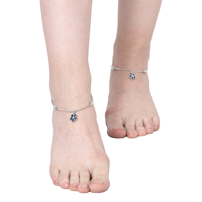 Rhodium Plated Silver Toned Flower Shaped Royal Blue Cubic Zirconia studded Charm Anklets