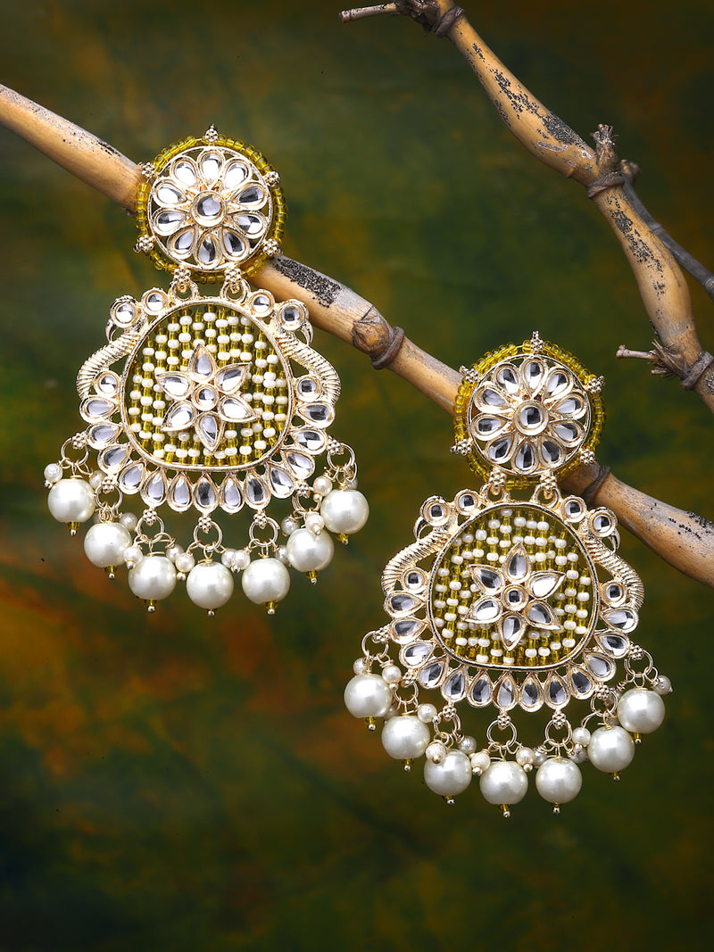 Gold-Plated Yellow Beads White Pearls & Kundan studded Handcrafted Peacock Shaped Drop Earrings