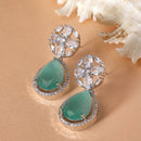 Rhodium-Plated Sea Green & White American Diamond studded Teardrop & Floral Shaped Drop Earrings