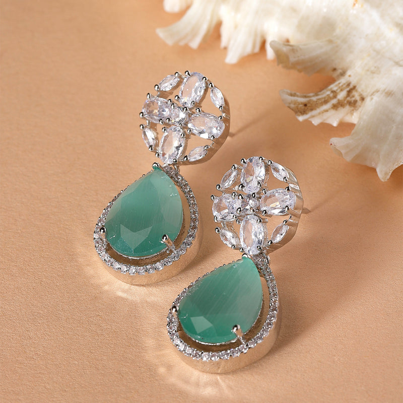 Rhodium-Plated Sea Green & White American Diamond studded Teardrop & Floral Shaped Drop Earrings