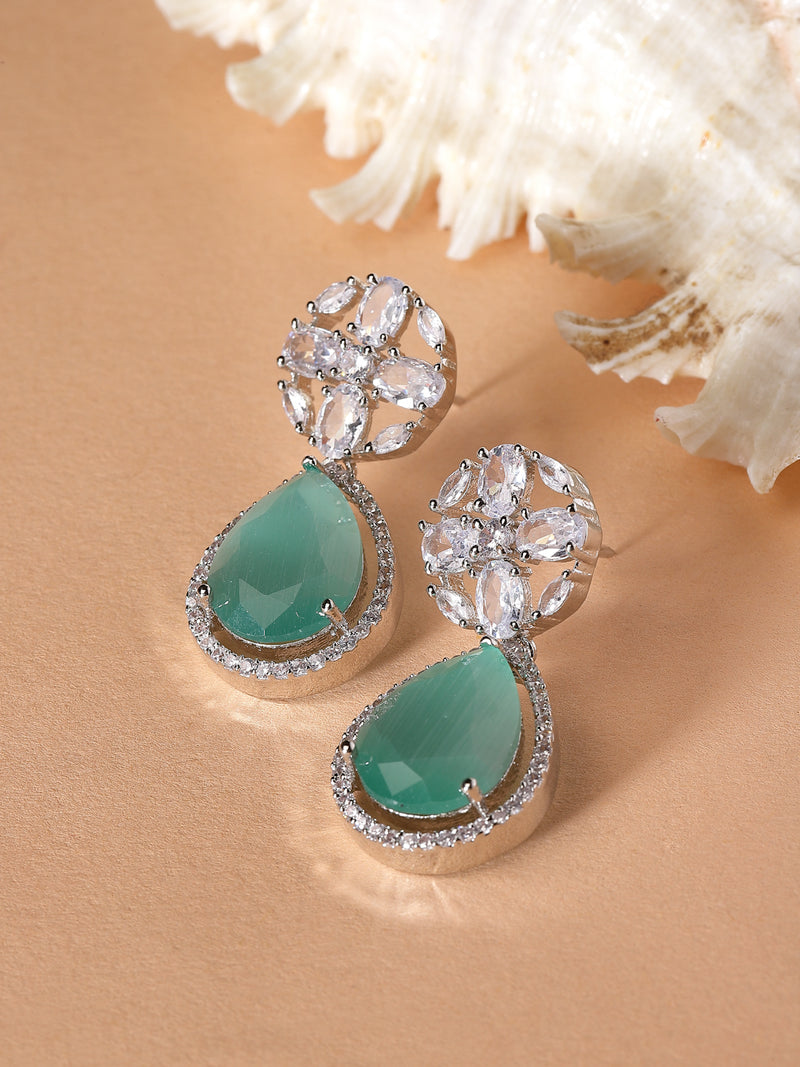 Rhodium-Plated Sea Green & White American Diamond studded Teardrop & Floral Shaped Drop Earrings