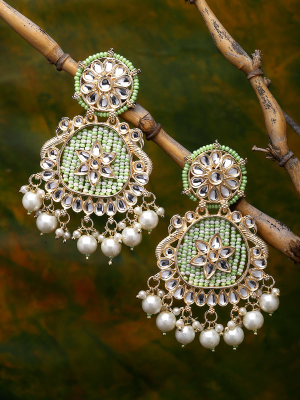 Gold-Plated Lime Green Beads White Pearls & Kundan studded Handcrafted Peacock Shaped Drop Earrings