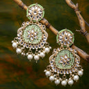Gold-Plated Lime Green Beads White Pearls & Kundan studded Handcrafted Peacock Shaped Drop Earrings