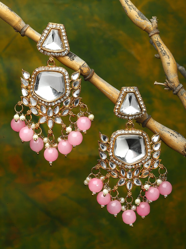 Gold-Plated Kundan & Pink Pearls studded Classic Mirror Drop Earrings