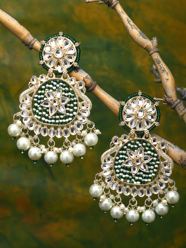 Gold-Plated Green Beads White Pearls & Kundan studded Handcrafted Peacock Shaped Drop Earrings