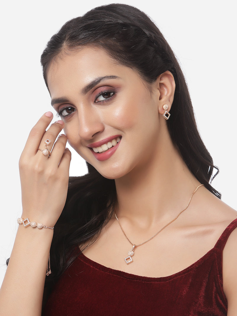 Rose Gold-Plated White American Diamond studded Square Shaped Jewellery Set