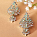 Rhodium Plated Elongated Sea Green American Diamond Contemporary Long Drop Earrings