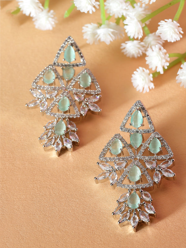 Rhodium-Plated Sea Green & White American Diamond studded Triangular Shaped Drop Earrings