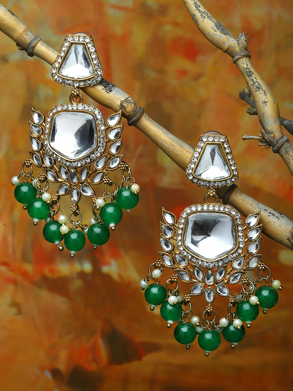 Gold-Plated Kundan & Green Pearls studded Classic Mirror Drop Earrings